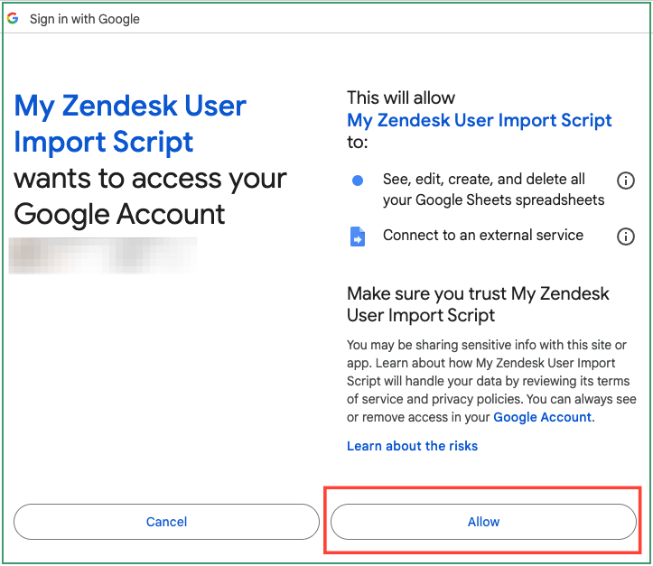 Google Access Permission prompt