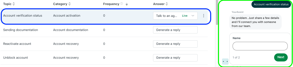 Intent configured to Talk to an agent instead